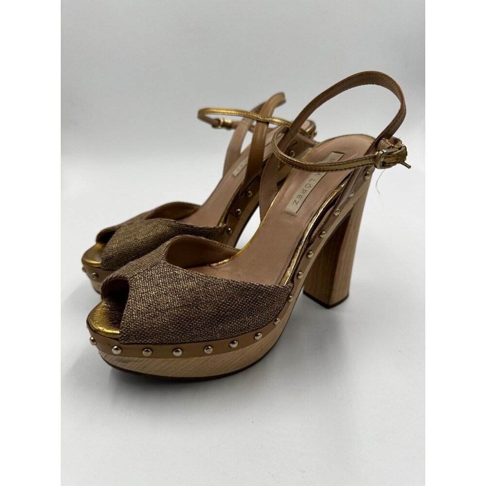 Pura Lopez Size 36 Studded Heeled Sandals Pumps Platform Wooden Chunky Heel Shoe - Picture 5 of 8